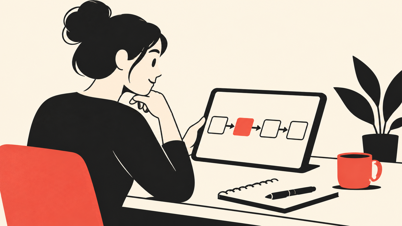 Small business owner reviewing a simple business process automation diagram on a tablet