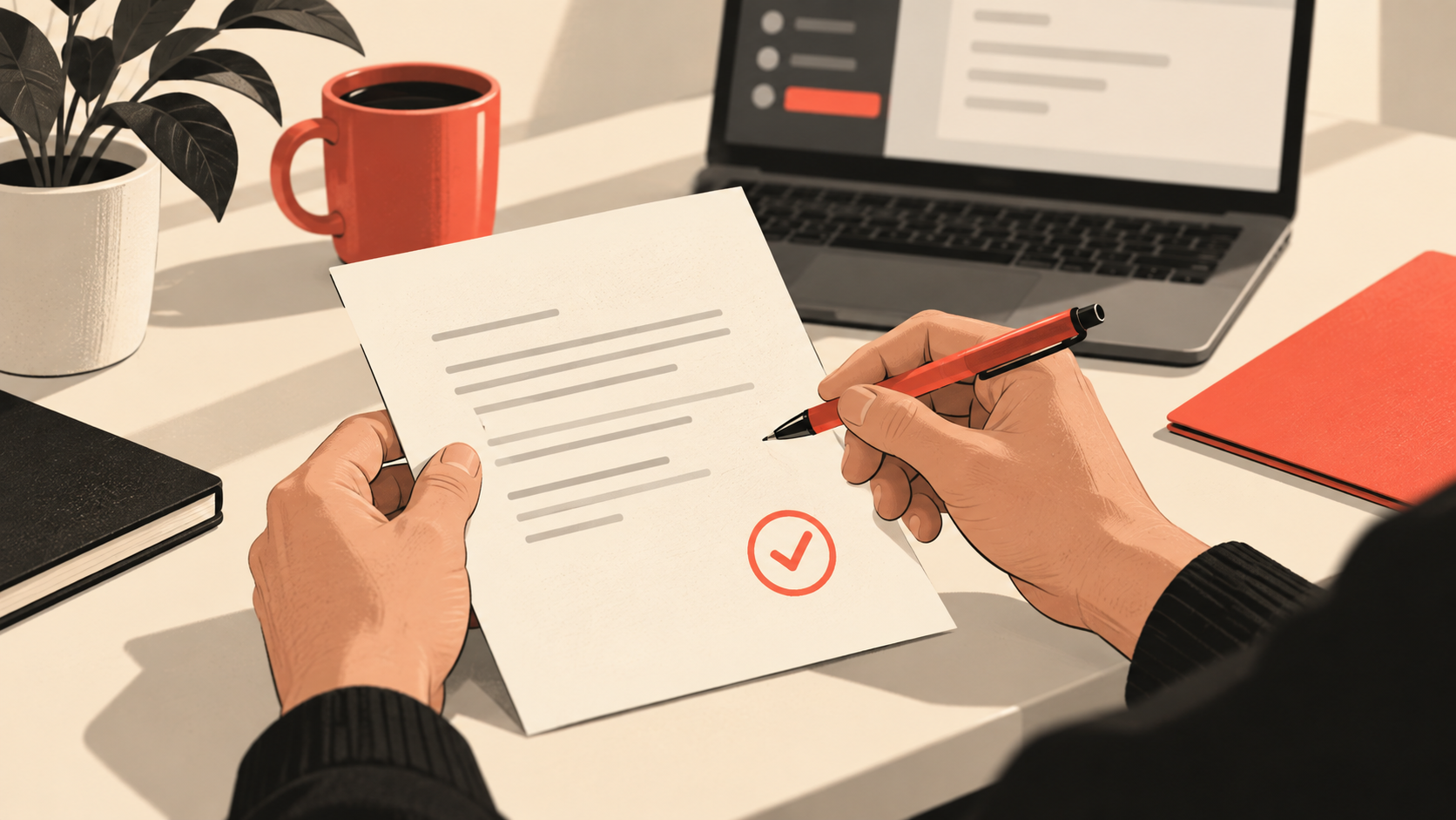 Person reviewing and approving a document with a pen before it goes out