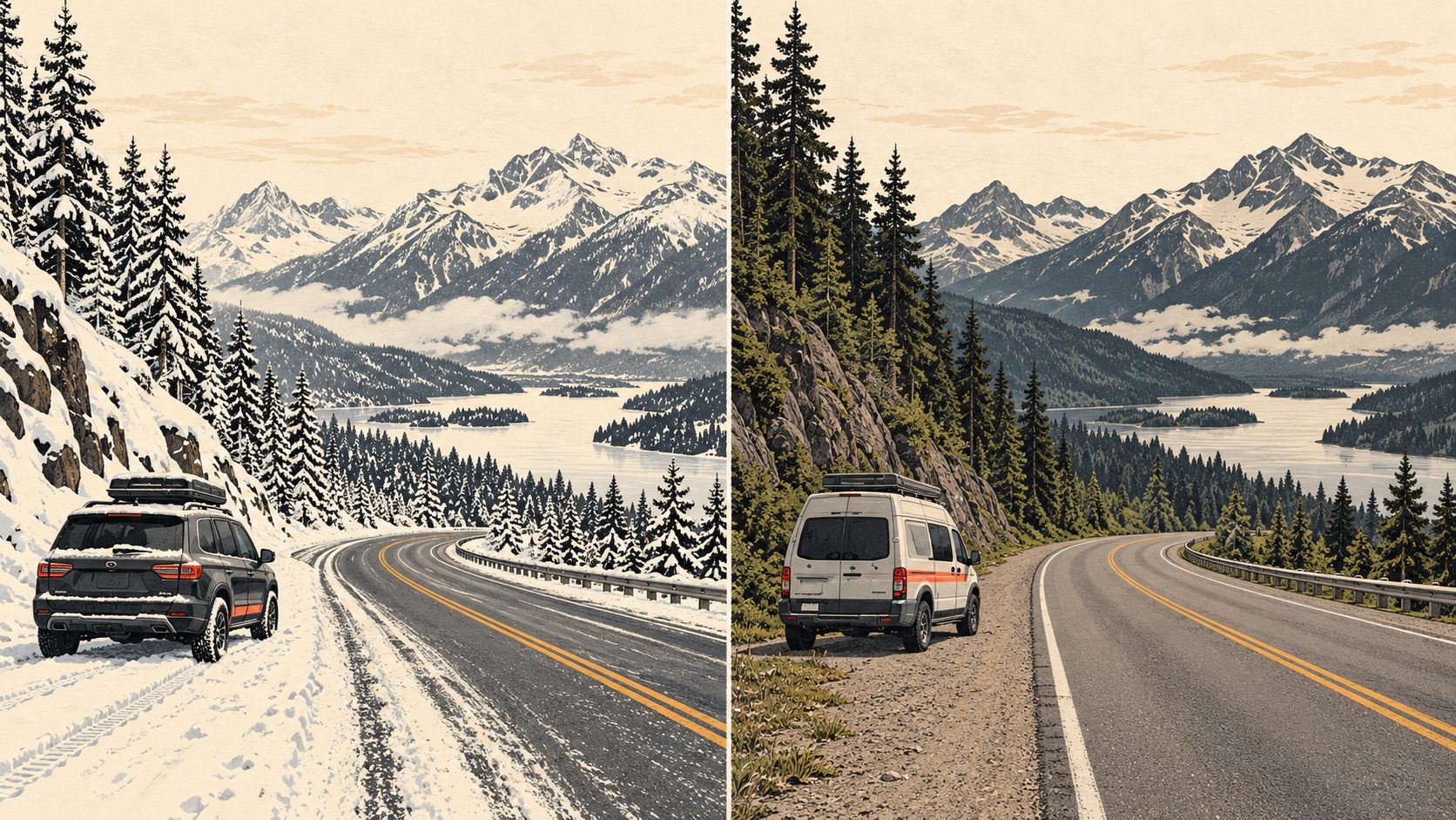 Mountain highway near Revelstoke shown in winter and in summer