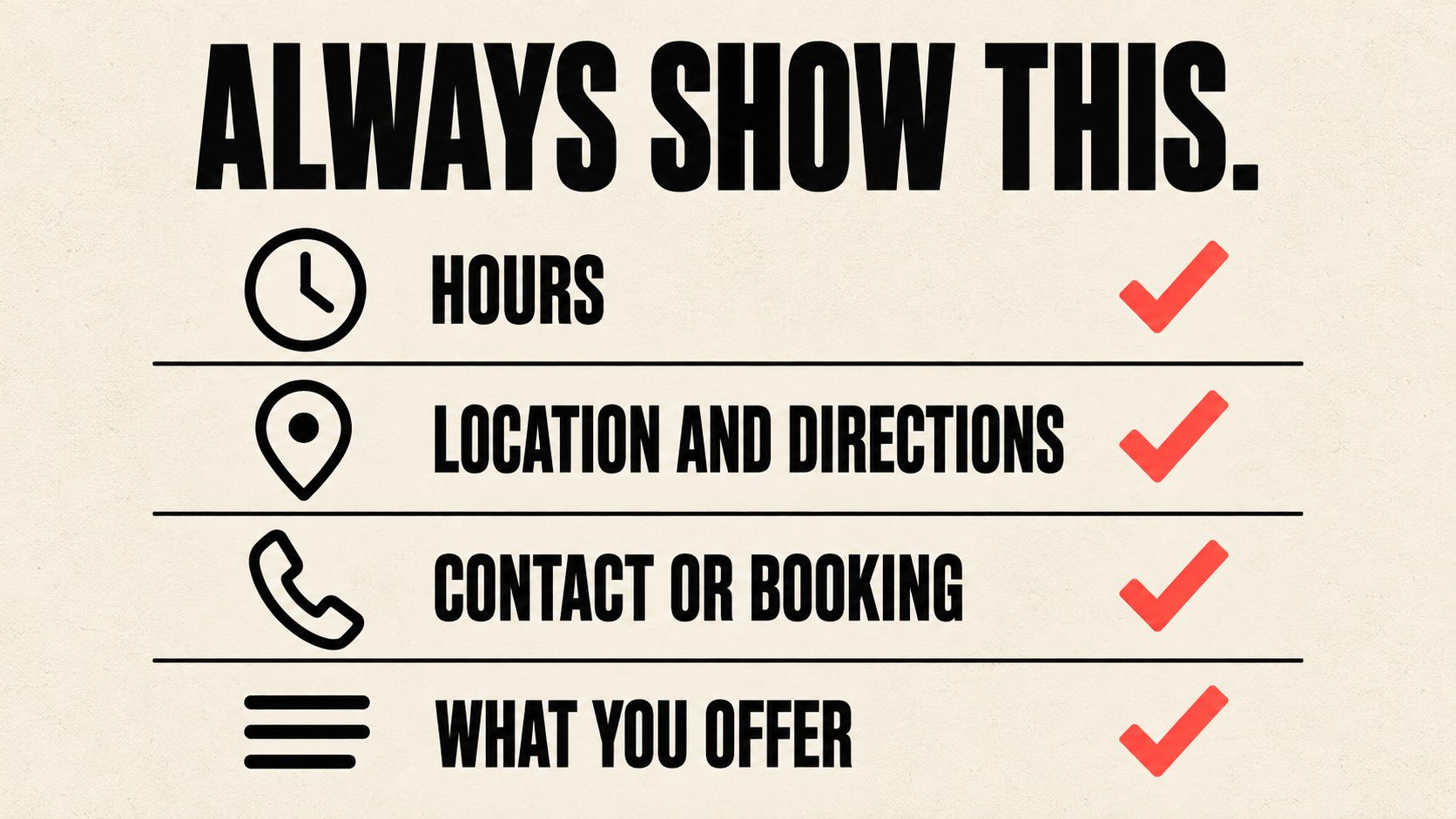 Checklist: hours, location and directions, contact or booking, what you offer
