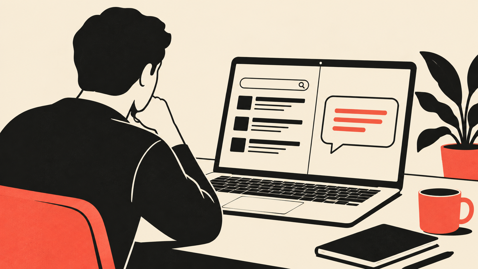 Small business owner comparing a search results page and an AI chat answer on a laptop, illustrated in Warm Brutalist Minimalism style
