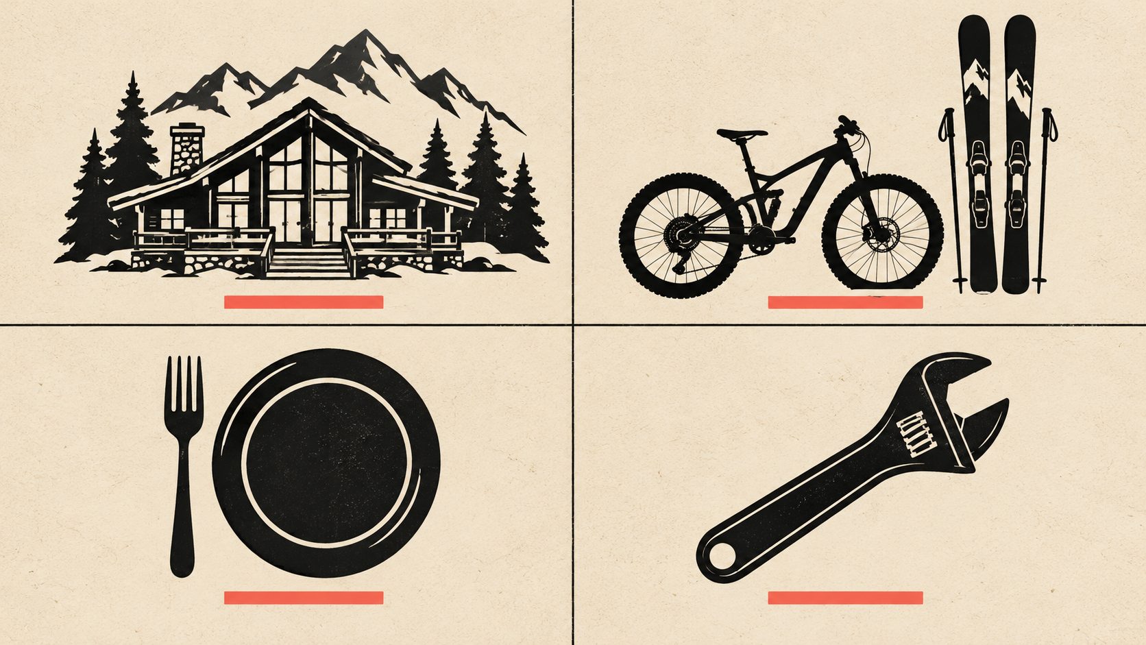 Icons for a lodge, bike and ski rental, restaurant and trades business