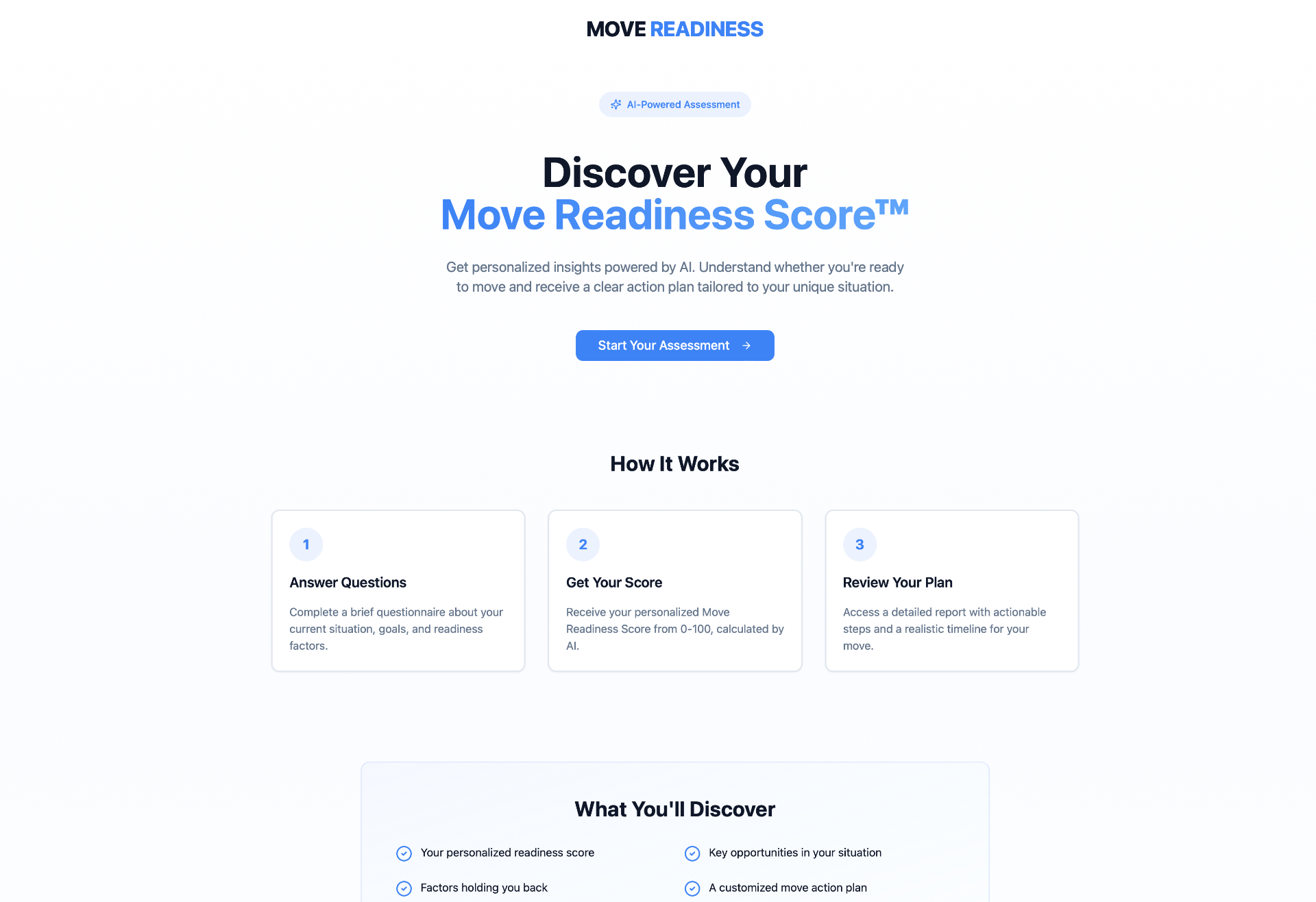 Move Readiness AI-powered assessment website homepage