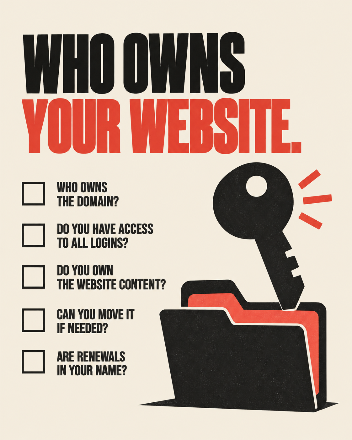 Checklist of website ownership questions: domain, logins, content, portability and renewals
