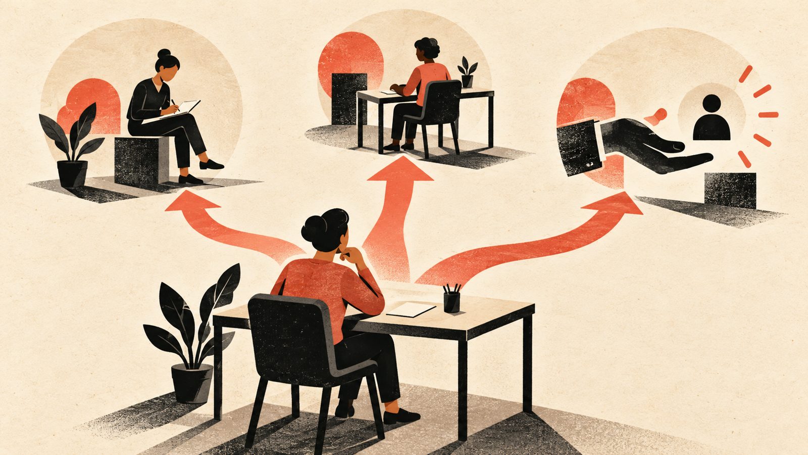 Illustration of a small business owner weighing three paths for managing social media: doing it themselves, assigning an employee, or outsourcing