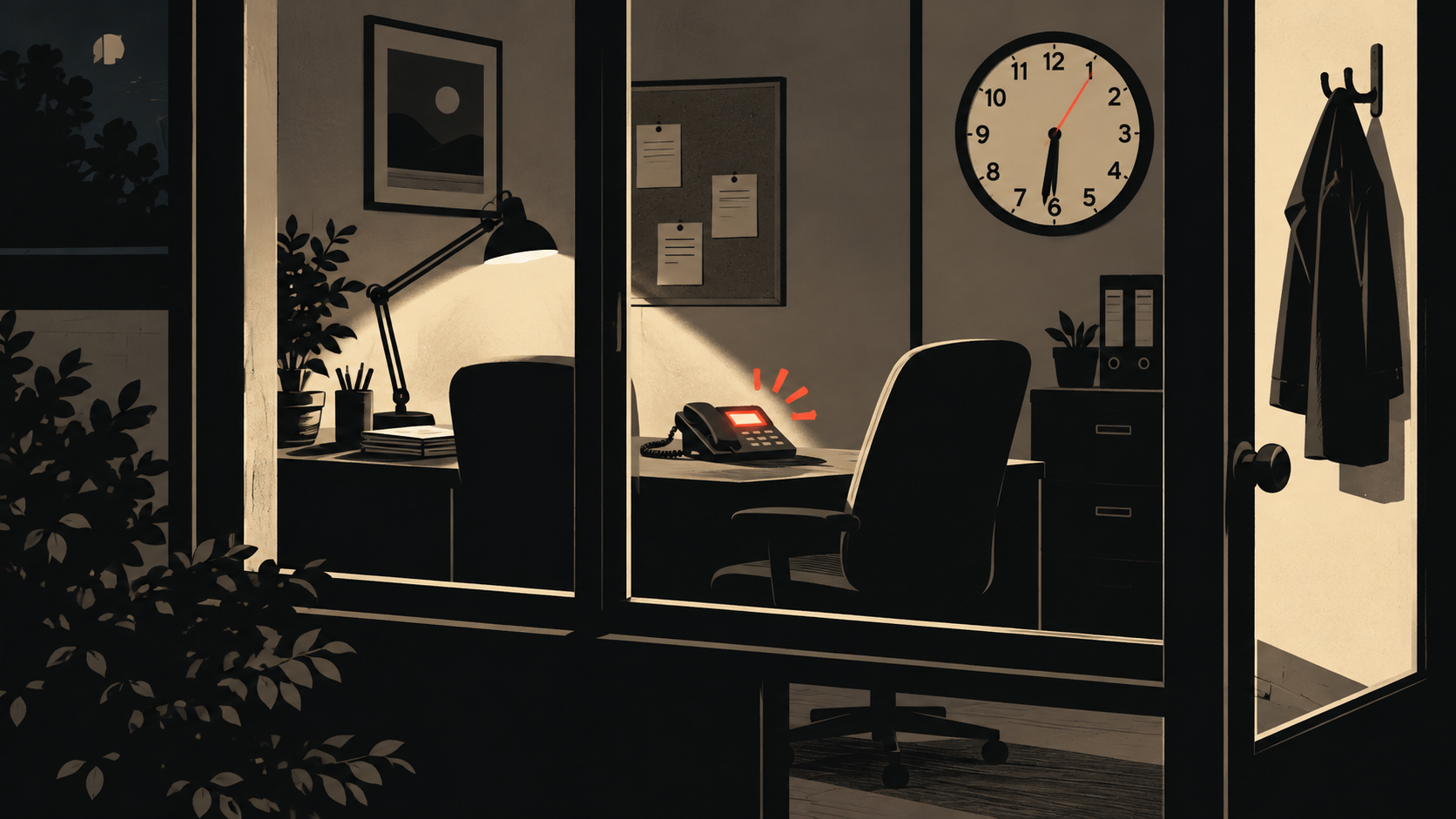 Empty office after hours with a desk phone ringing