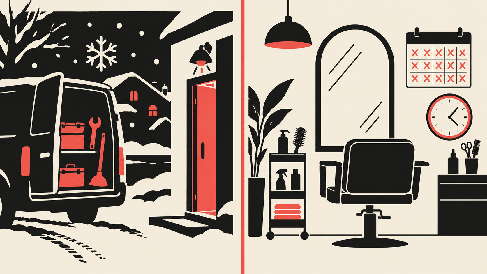 Two example businesses: a trades van on a snowy evening call and a salon with a fully booked calendar