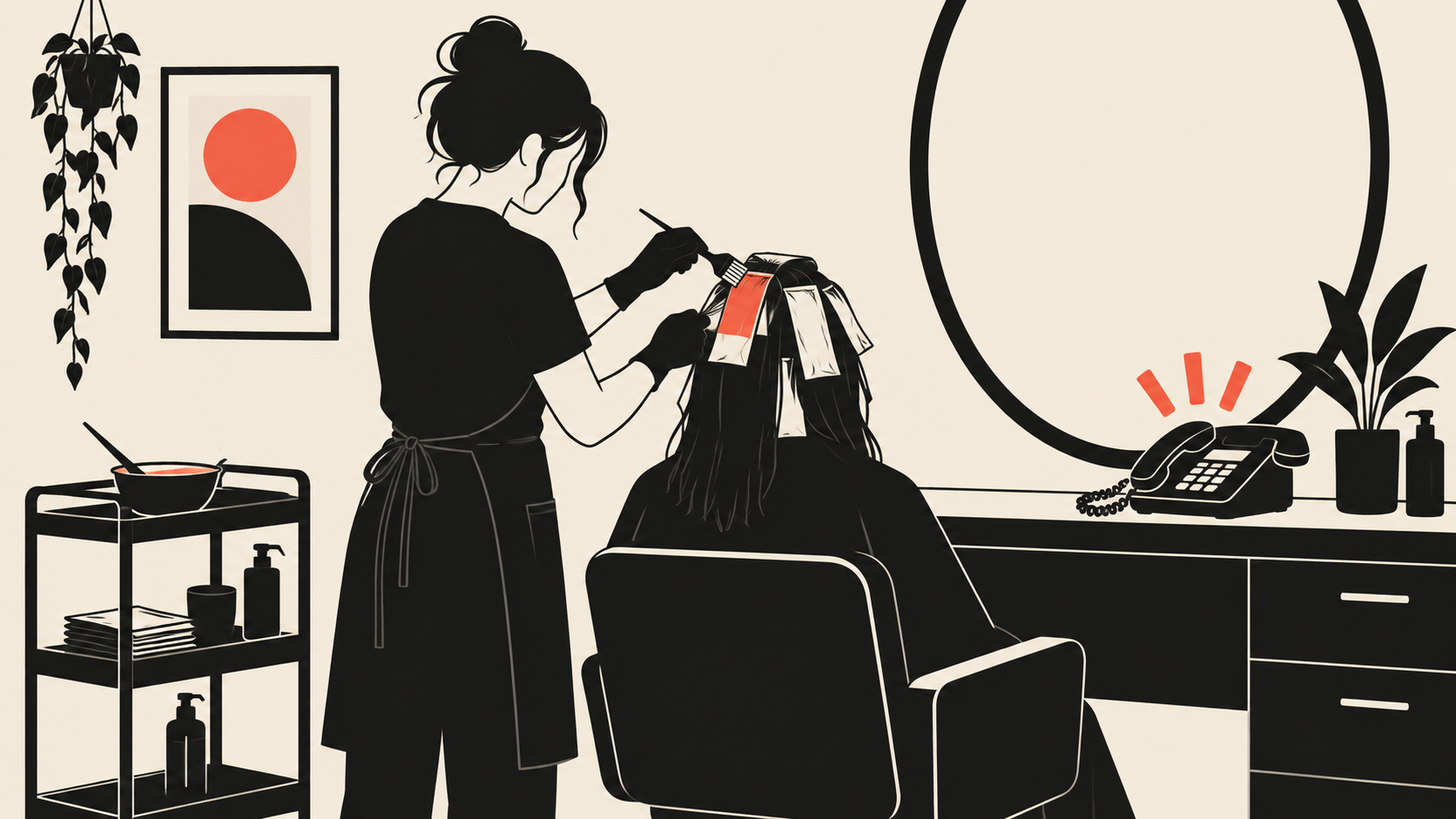 A stylist mid appointment beside a ringing salon phone, illustrated in Warm Brutalist Minimalism style