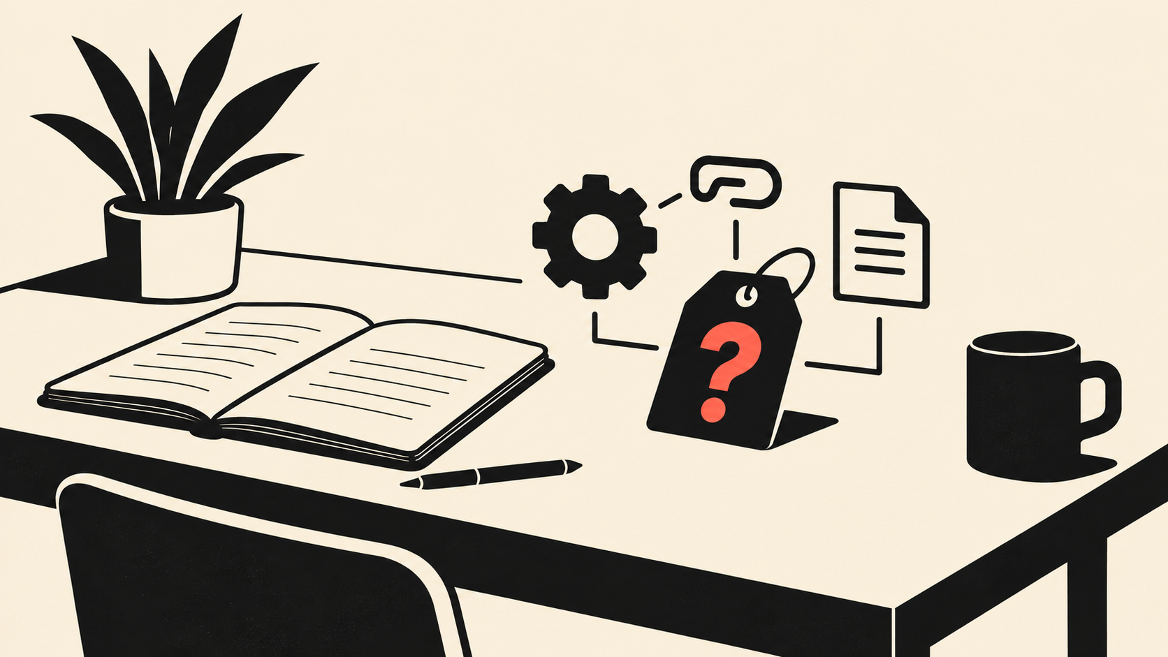 Desk scene with gear icons and a price tag marked with a question mark, representing unclear AI automation pricing