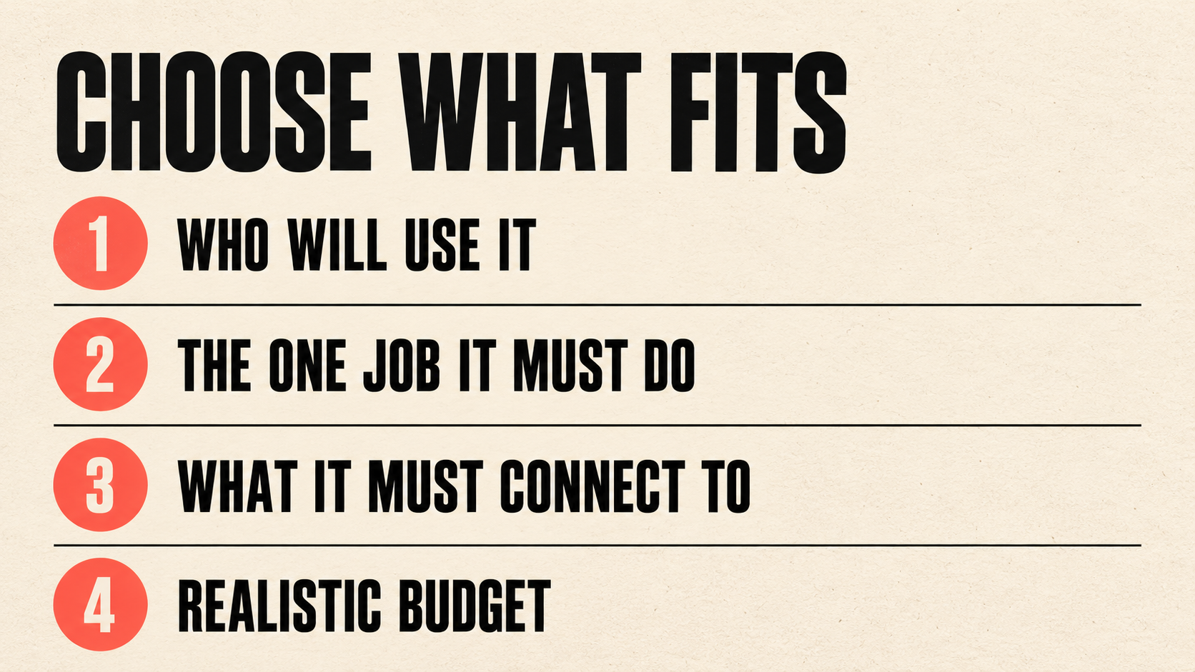 Checklist for choosing a CRM: who will use it, the one job it must do, what it must connect to, a realistic budget