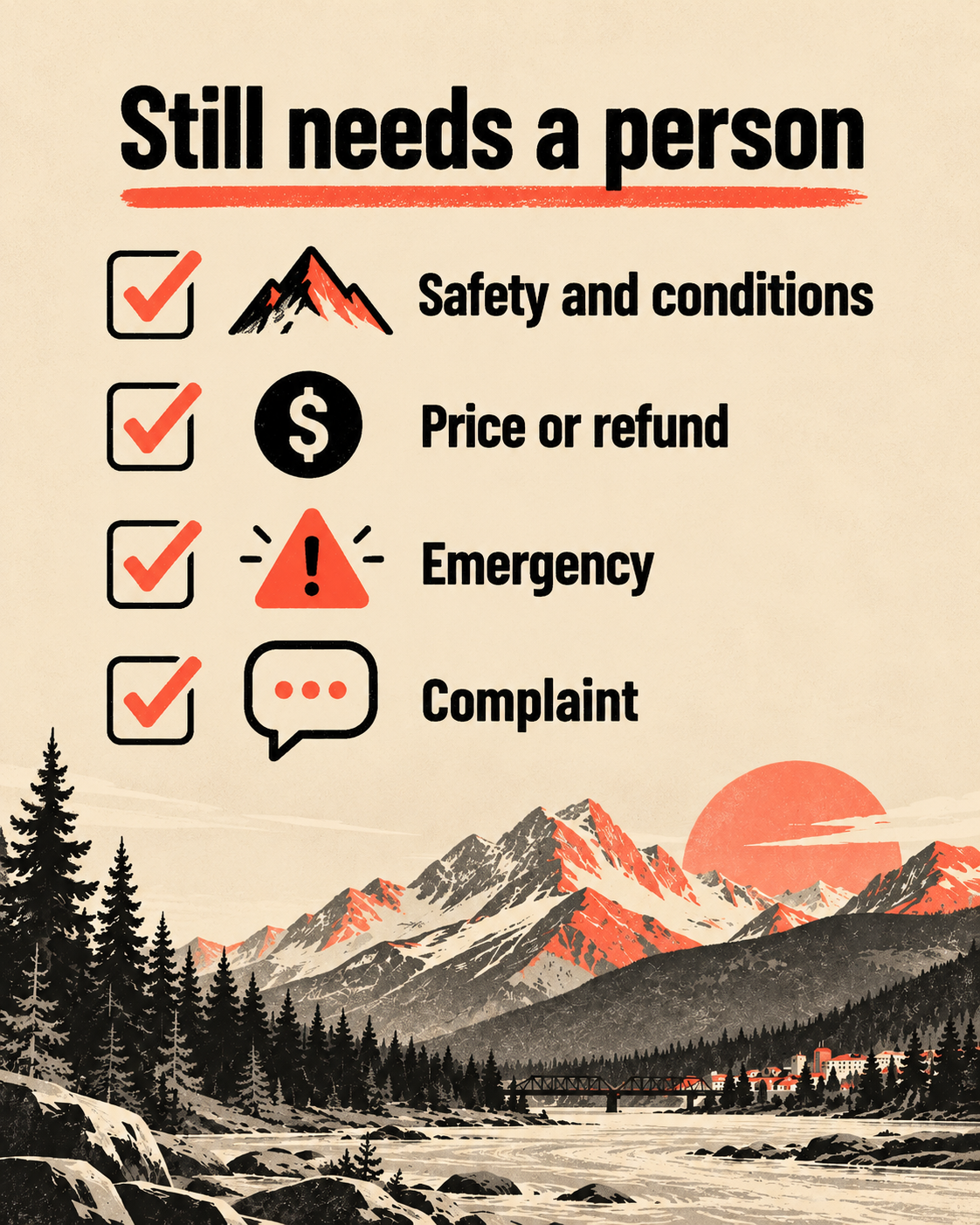Checklist of outdoor business calls that still need a person, including safety, pricing, emergencies and complaints