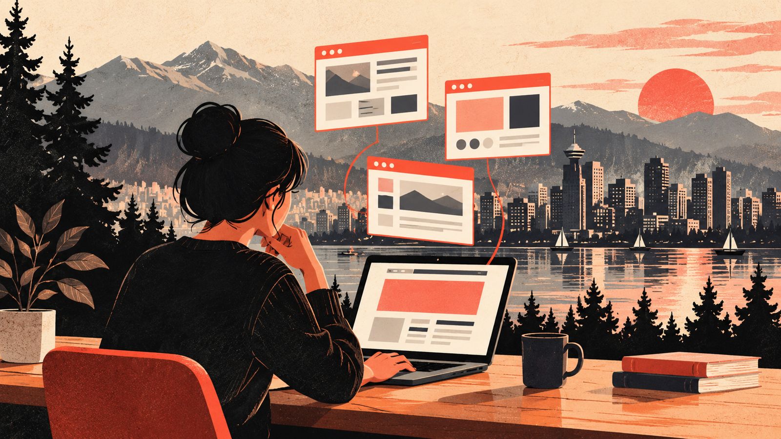 A stylized illustration of a small business owner comparing website options on a laptop, with a simplified Vancouver skyline silhouette behind.