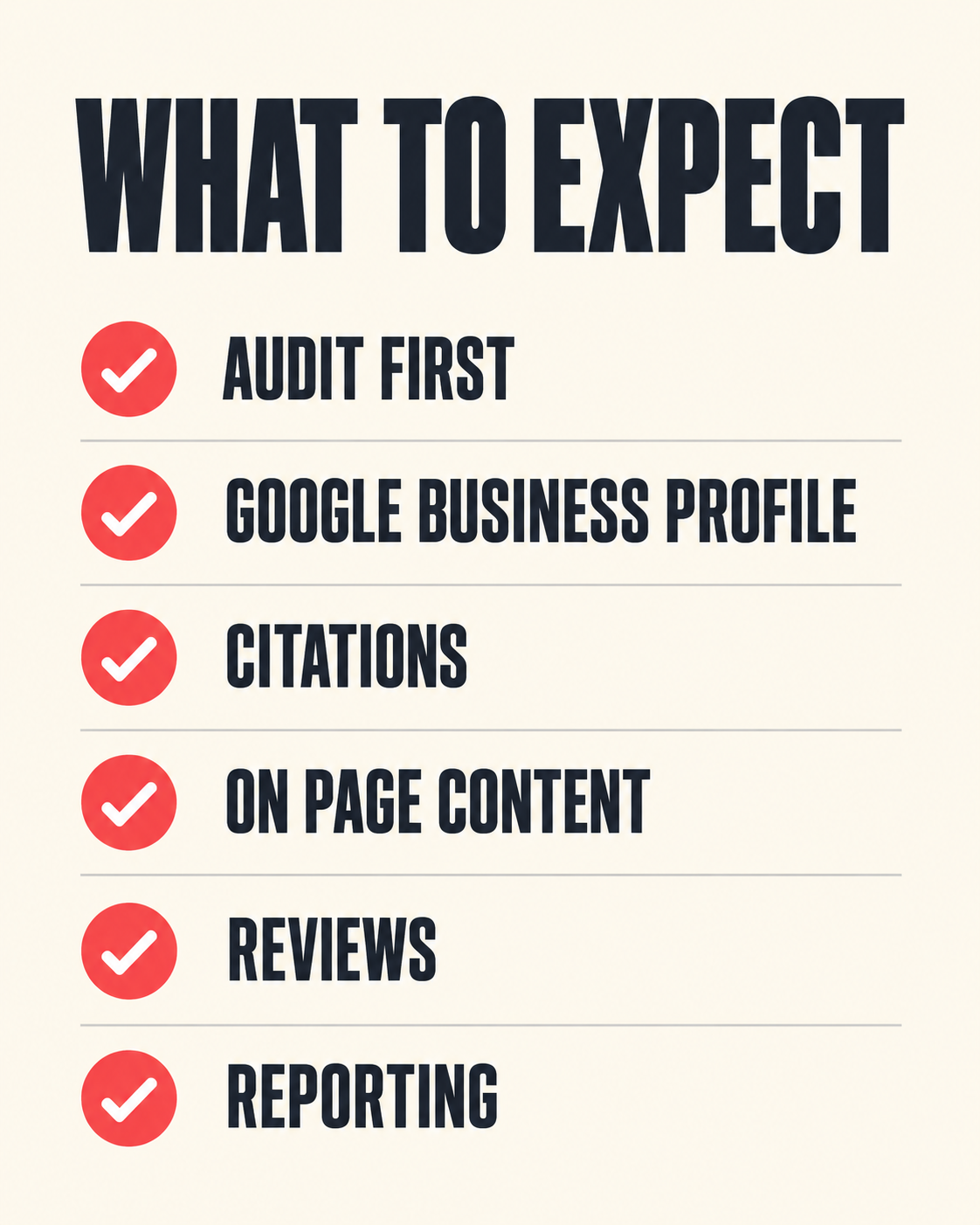 Checklist of what to expect from local SEO: audit first, Google Business Profile, citations, on page content, reviews, reporting