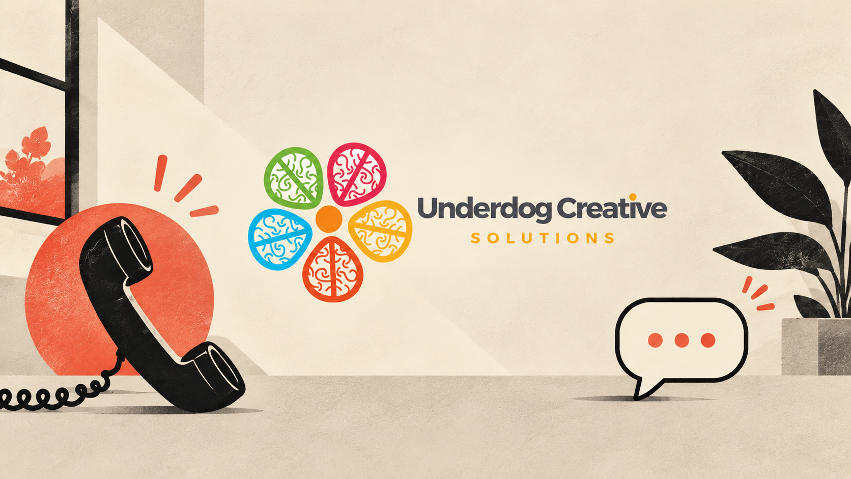 Underdog Creative Solutions contact illustration with a phone and message bubble.