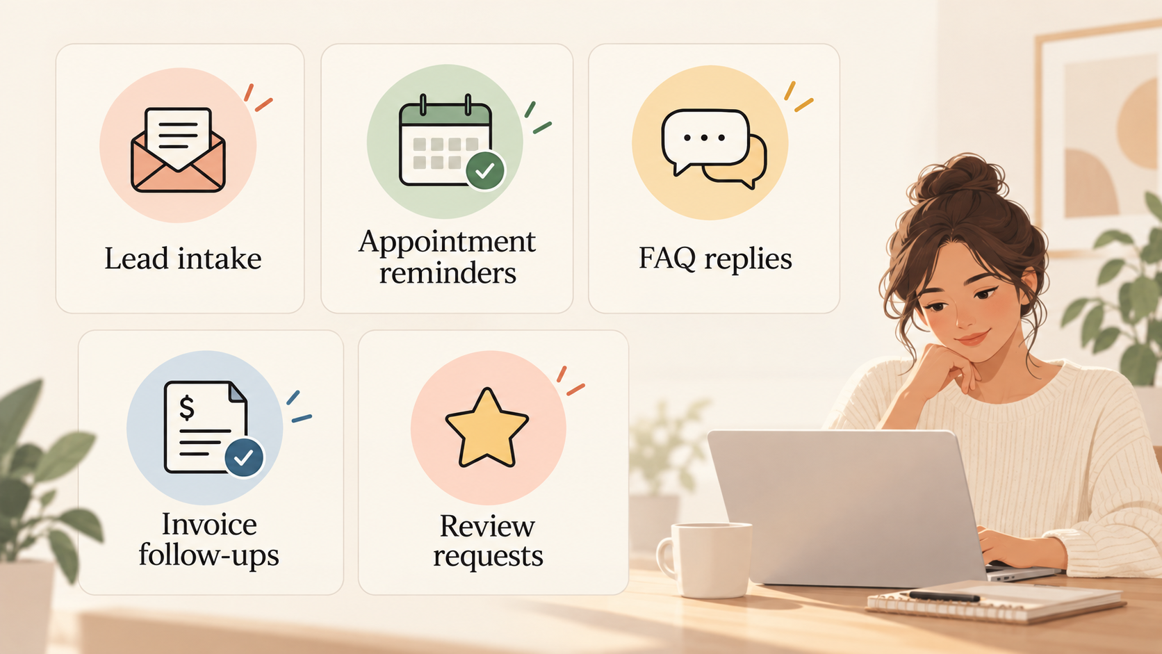 Examples of automated lead intake, appointment reminders, FAQ replies, invoice follow ups, and review requests