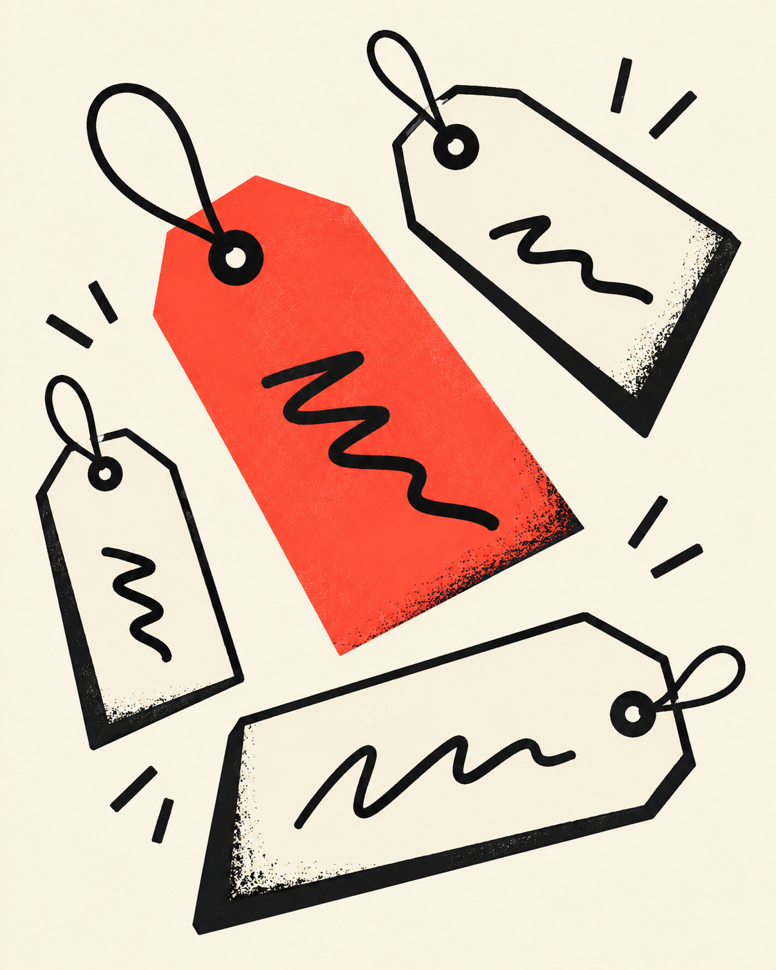 Scattered price tags with scribbled amounts, representing inconsistent automation estimates