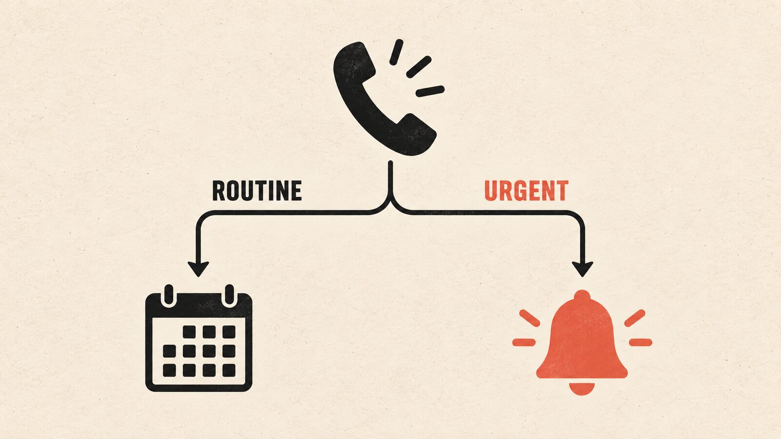An urgent call routed to a person while a routine job is booked into a calendar