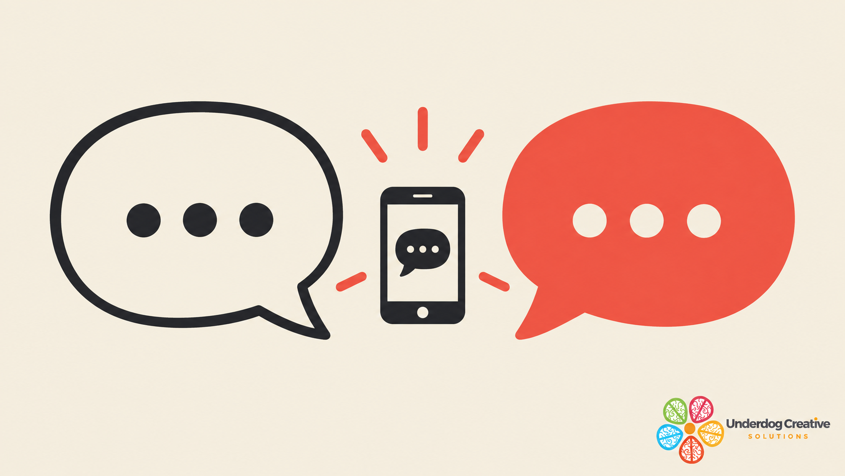 Two chat bubbles and a phone, Underdog Creative Solutions logo