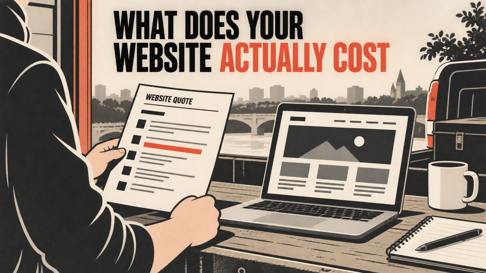 Small business owner comparing a written website quote with a laptop