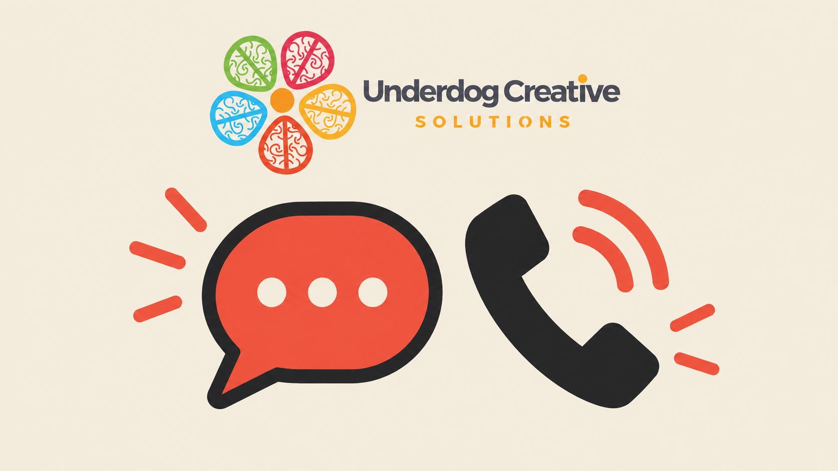 Underdog Creative Solutions logo with a chat bubble and a ringing phone