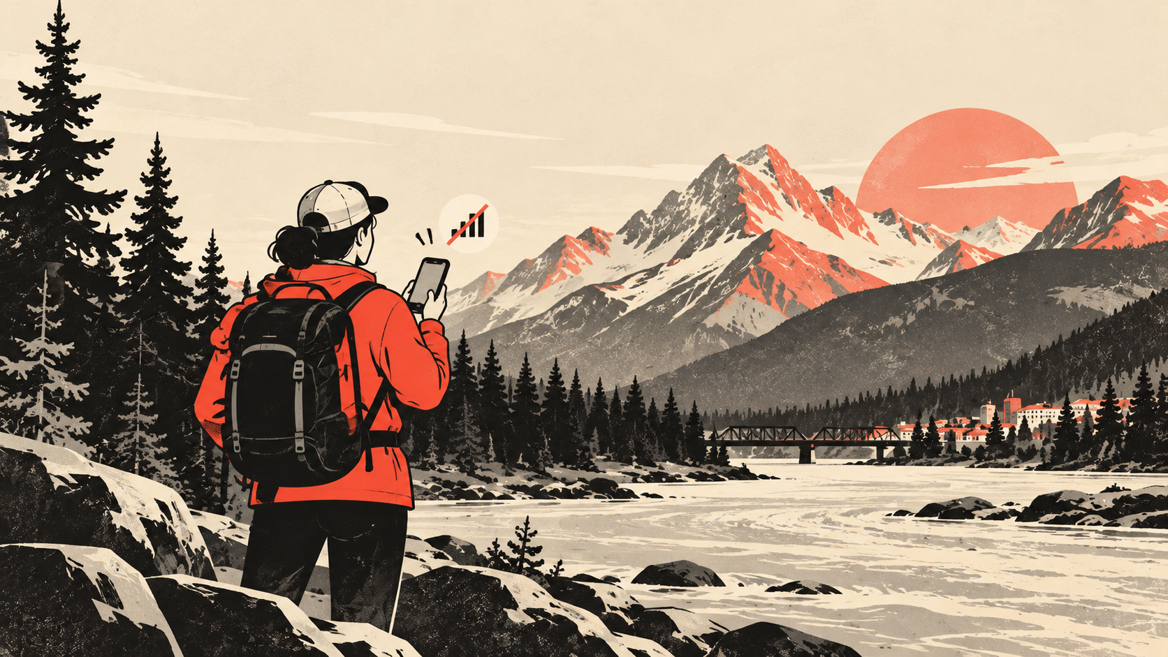 Outdoor guide near Golden BC checking a phone with no signal on the trail