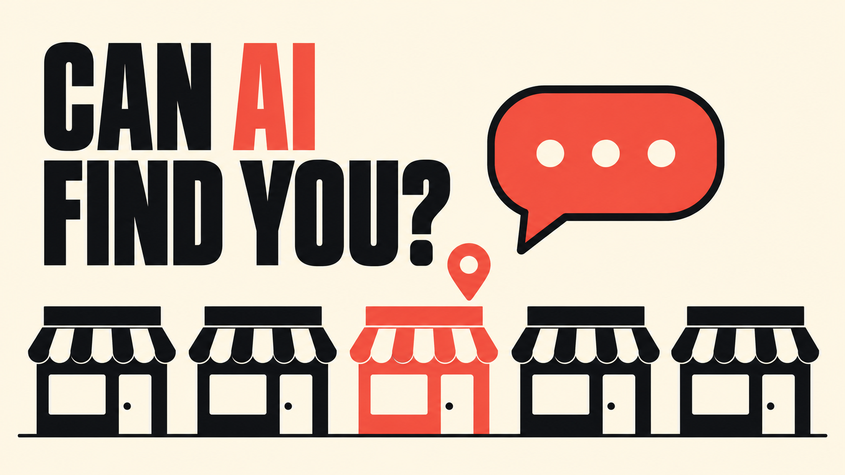 Illustration asking whether AI can find a local business among nearby shops