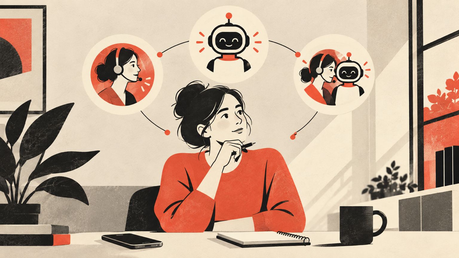 Small business owner at a desk weighing a phone answering service, an AI receptionist, and a blended option