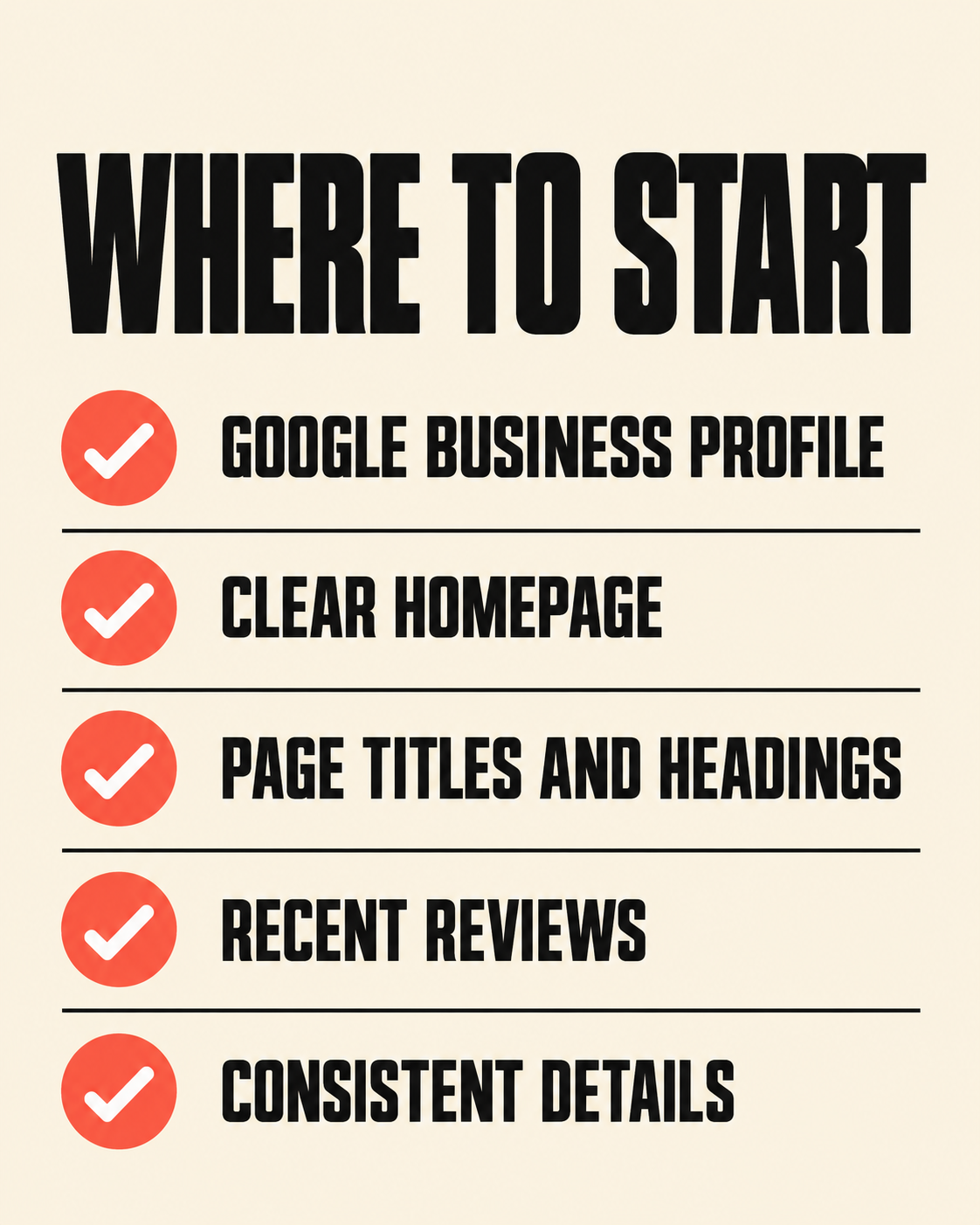 Where to start: Google Business Profile, clear homepage, page titles and headings, recent reviews, consistent details