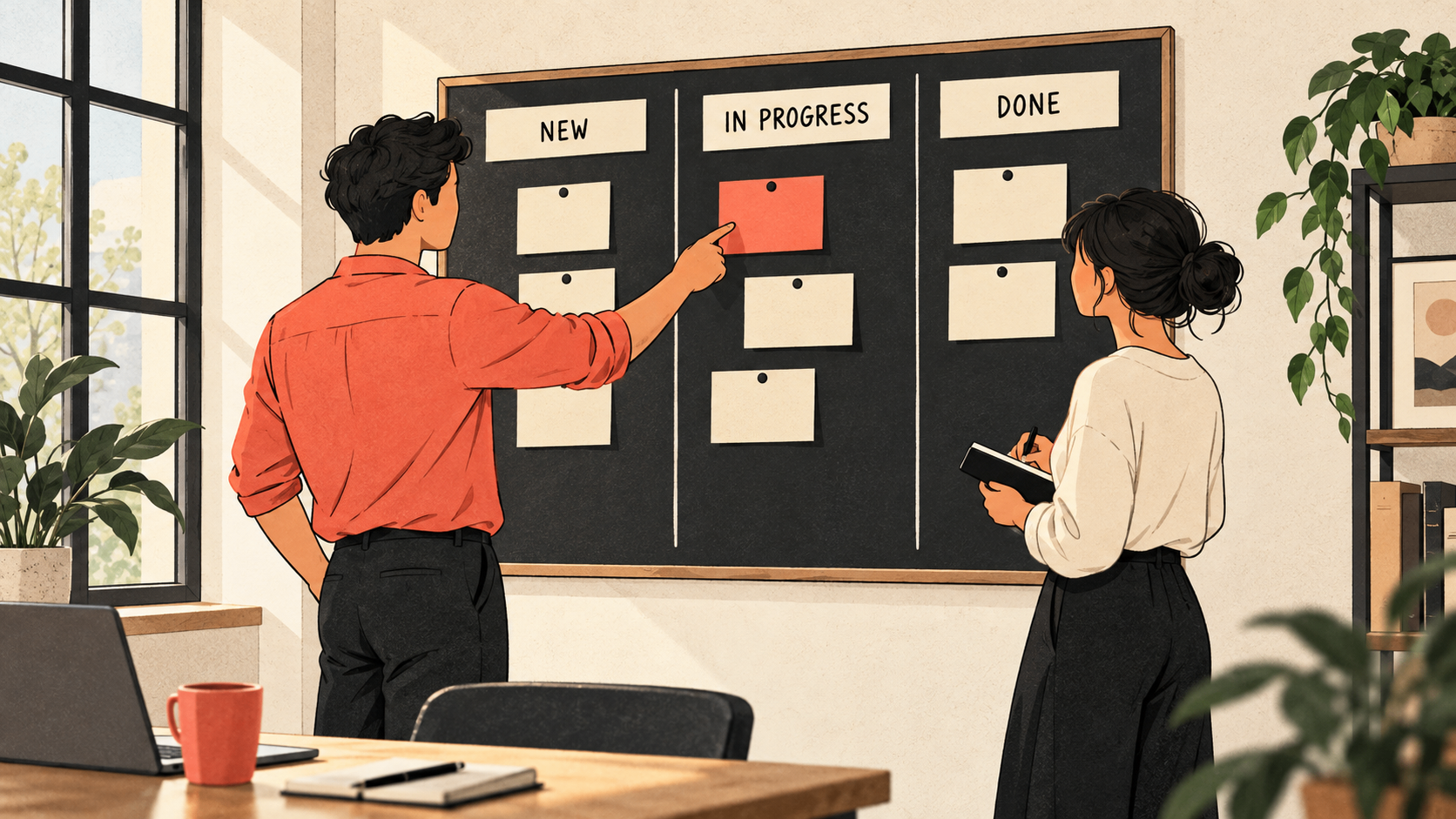 Two coworkers reviewing a new, in progress and done board