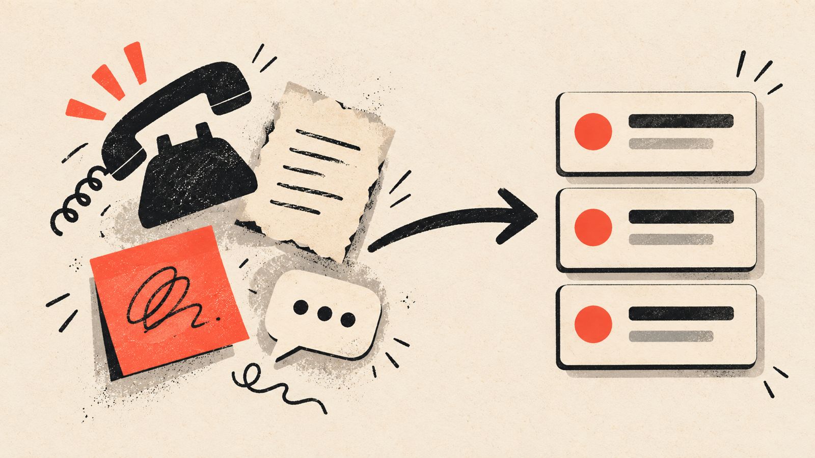 A clean illustration of scattered lead and quote notes flowing into one organized CRM pipeline, in the Underdog warm brutalist style.