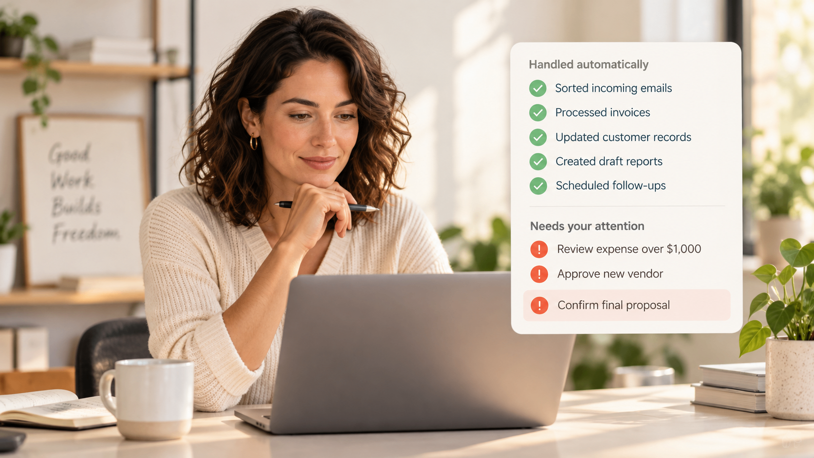Business owner reviewing tasks handled automatically and exceptions that still need personal attention