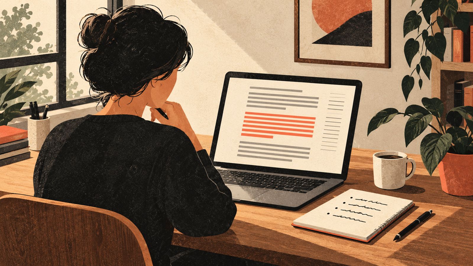 Small business owner reviewing an AI drafted post next to handwritten brand voice notes