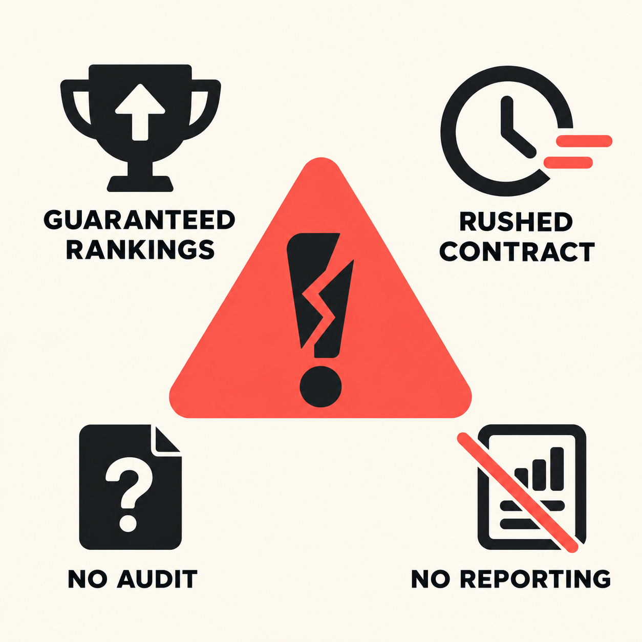 Warning sign surrounded by local SEO red flags: guaranteed rankings, rushed contract, no audit, no reporting
