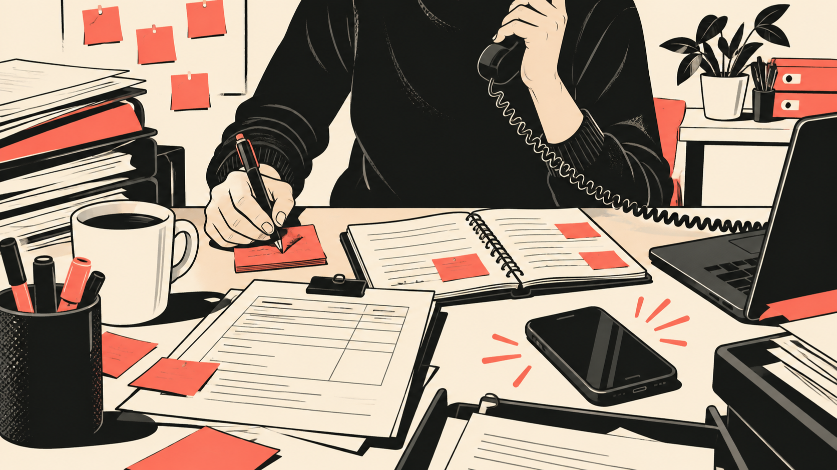 Busy office worker on the phone surrounded by sticky notes, paperwork and a buzzing phone