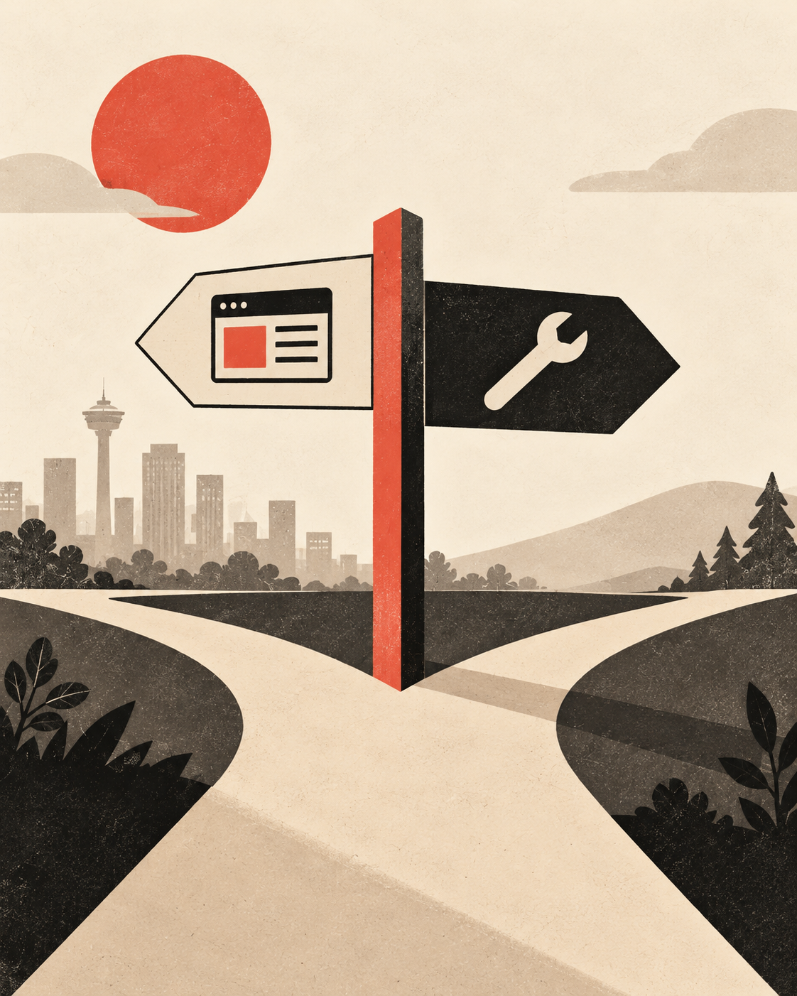 A Calgary signpost pointing toward a website path and a service path.