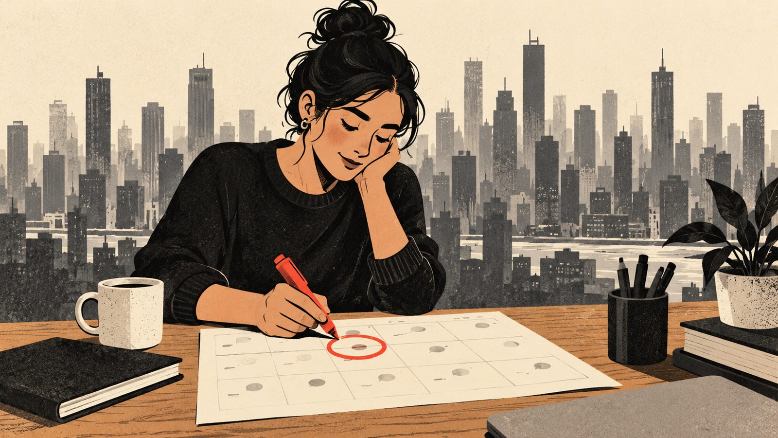Warm Brutalist Minimalism style graphic of a small business owner planning a focused content strategy against a crowded, abstract Toronto skyline background.