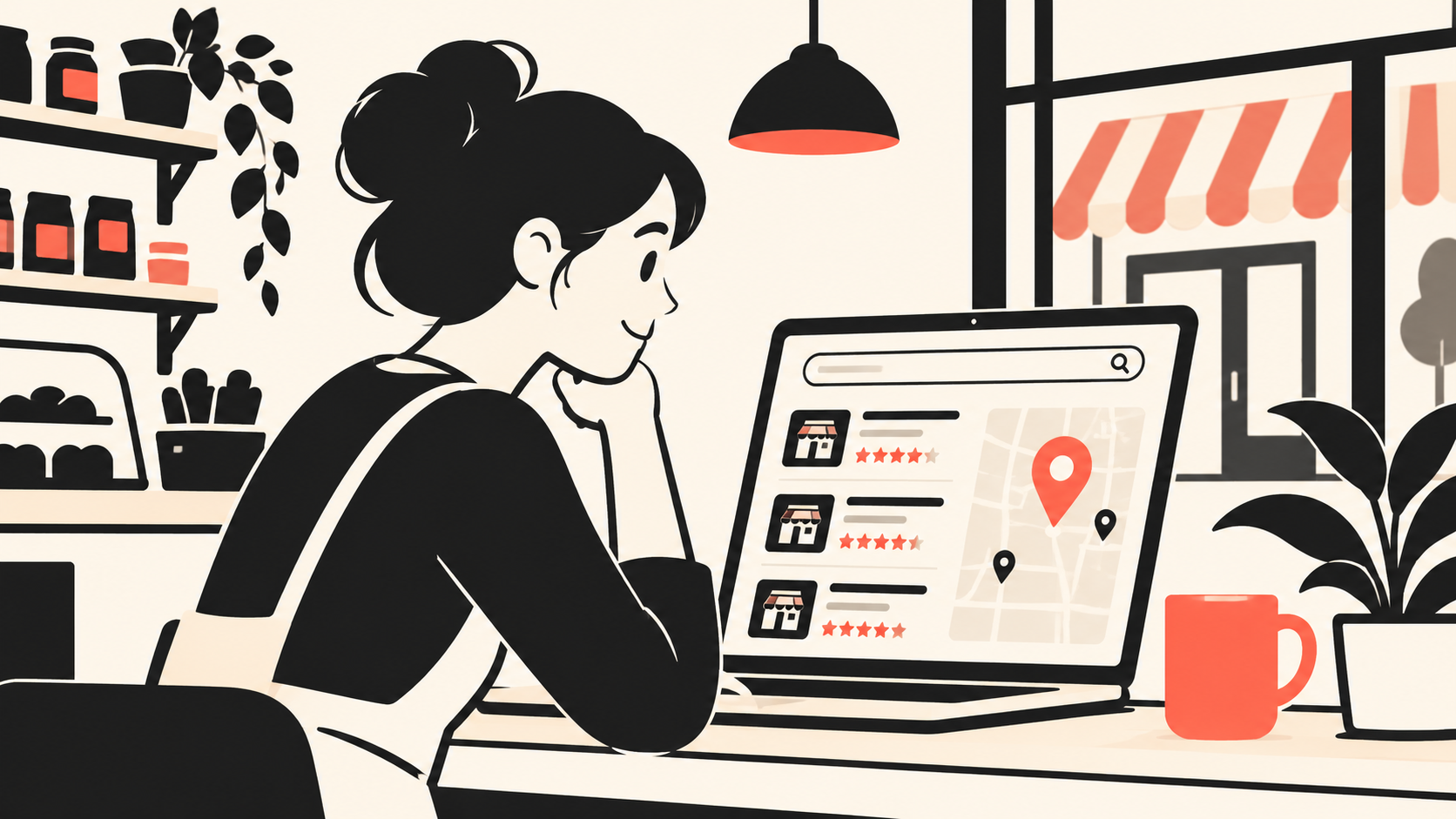 A small business owner reviewing a map pin and search result on a laptop, representing local search visibility.