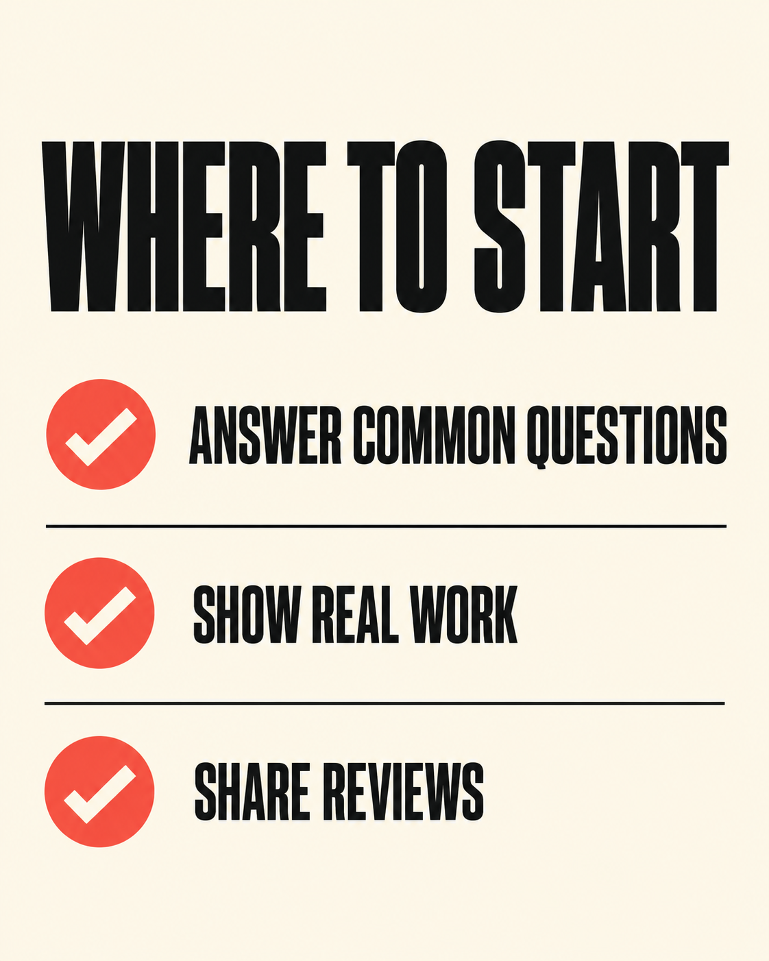 Where to start checklist: answer common questions, show real work and share reviews