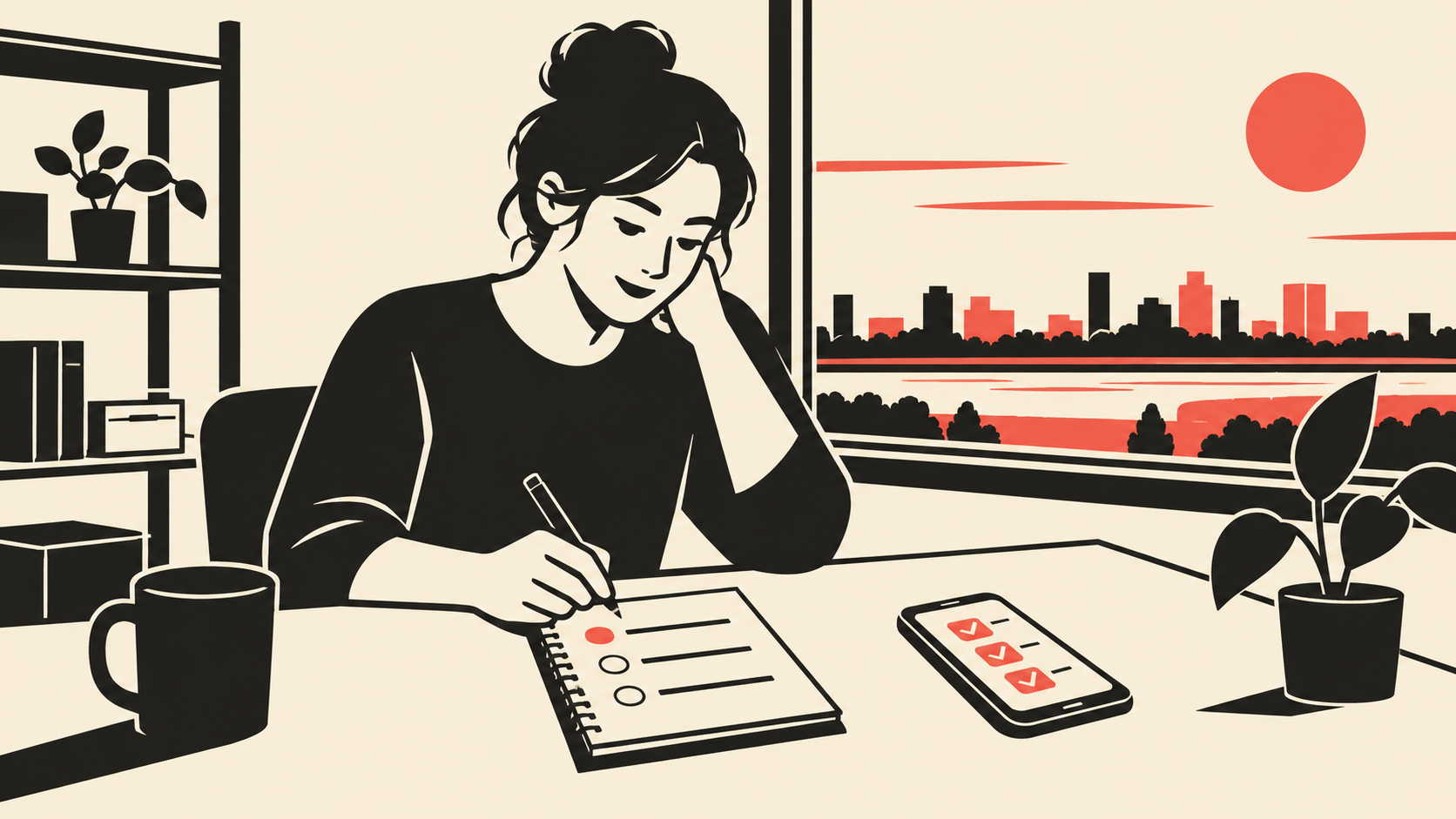 Small business owner in Winnipeg planning a simple content marketing schedule, illustrated in Warm Brutalist Minimalism style