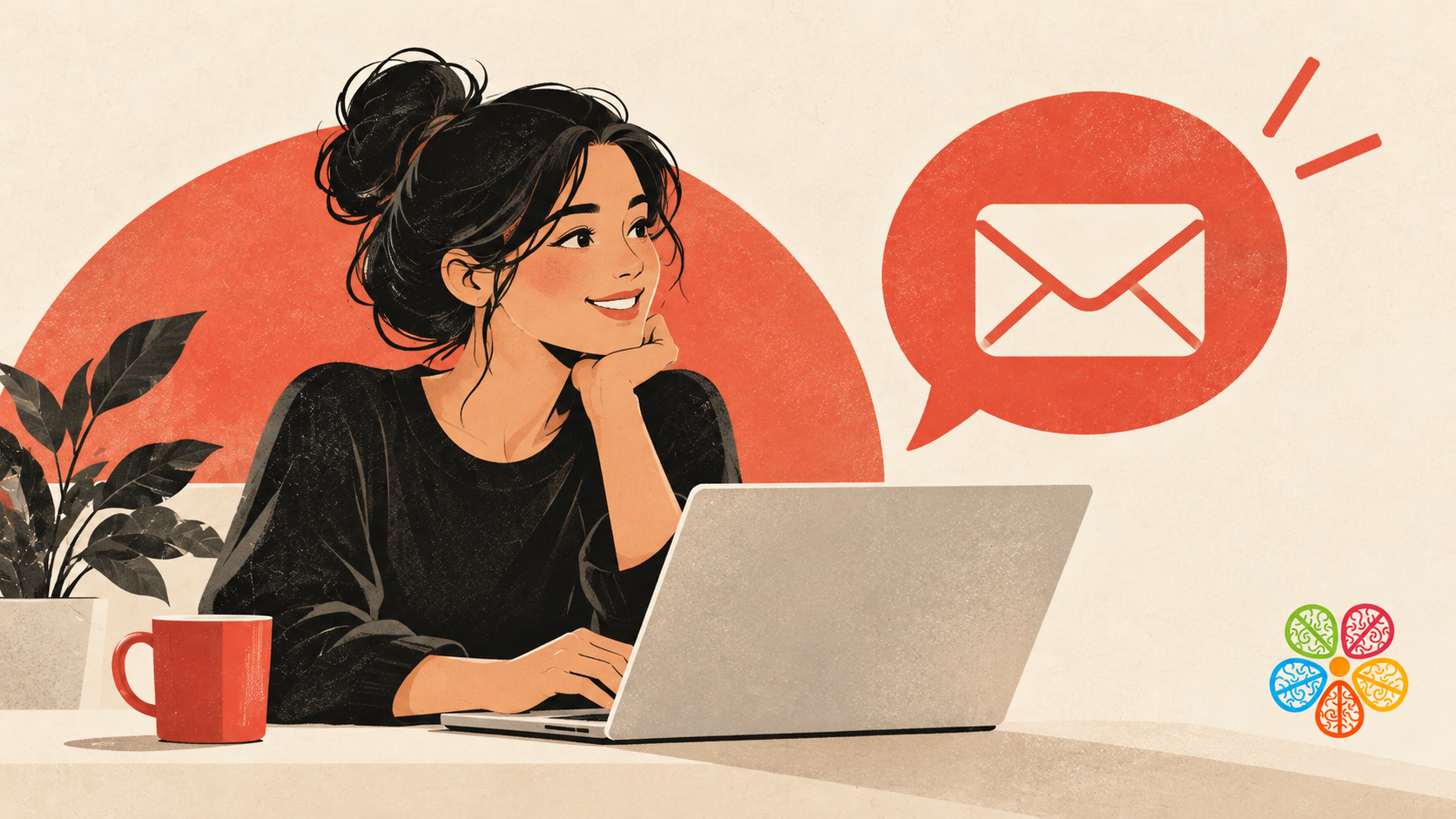 A small business owner at a laptop beside an email message icon.