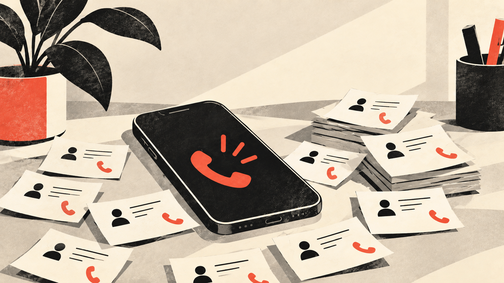 A business phone surrounded by missed-call notes, representing calls that went unanswered.