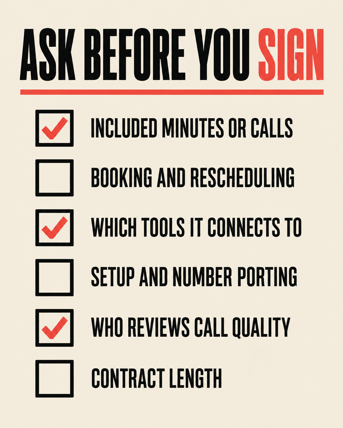 Ask before you sign checklist: included minutes, booking, integrations, setup and porting, call quality review, contract length