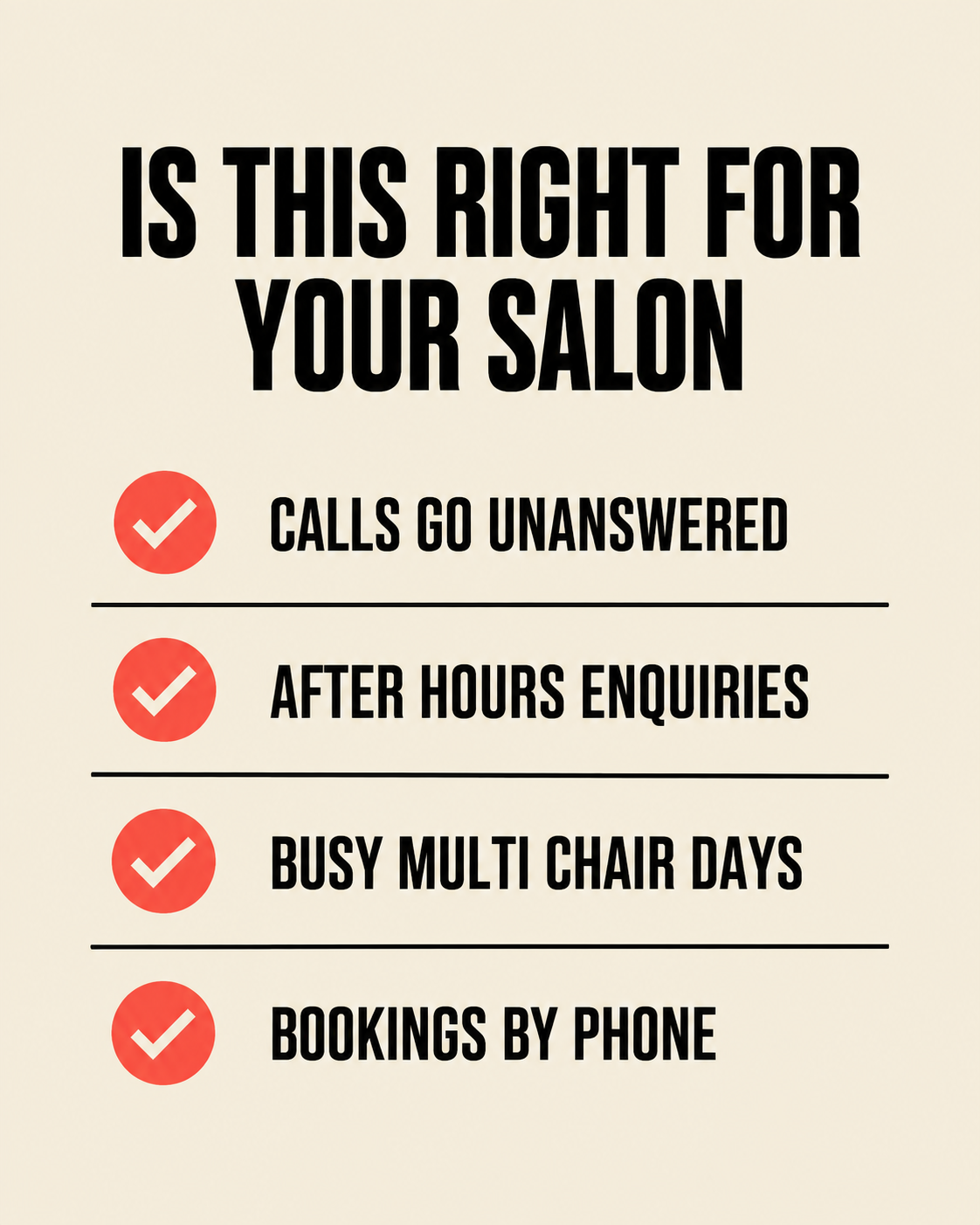 Checklist: calls go unanswered, after hours enquiries, busy multi chair days, bookings by phone