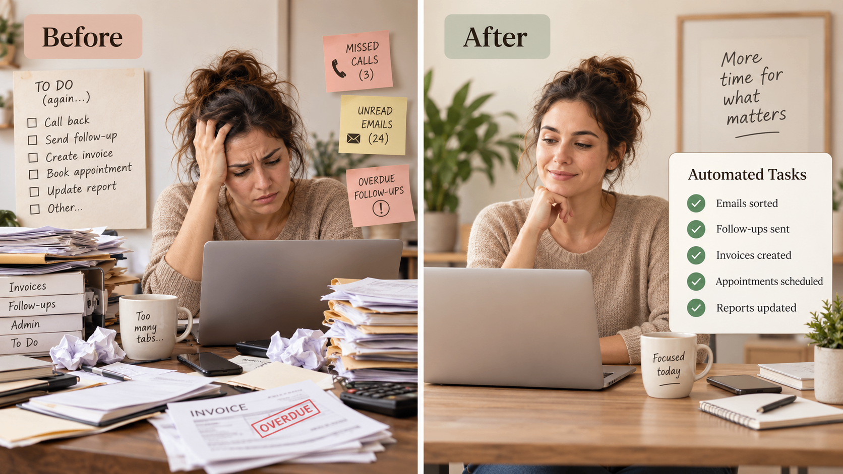 Before and after comparison of manual admin overload and a calmer workday with automated tasks