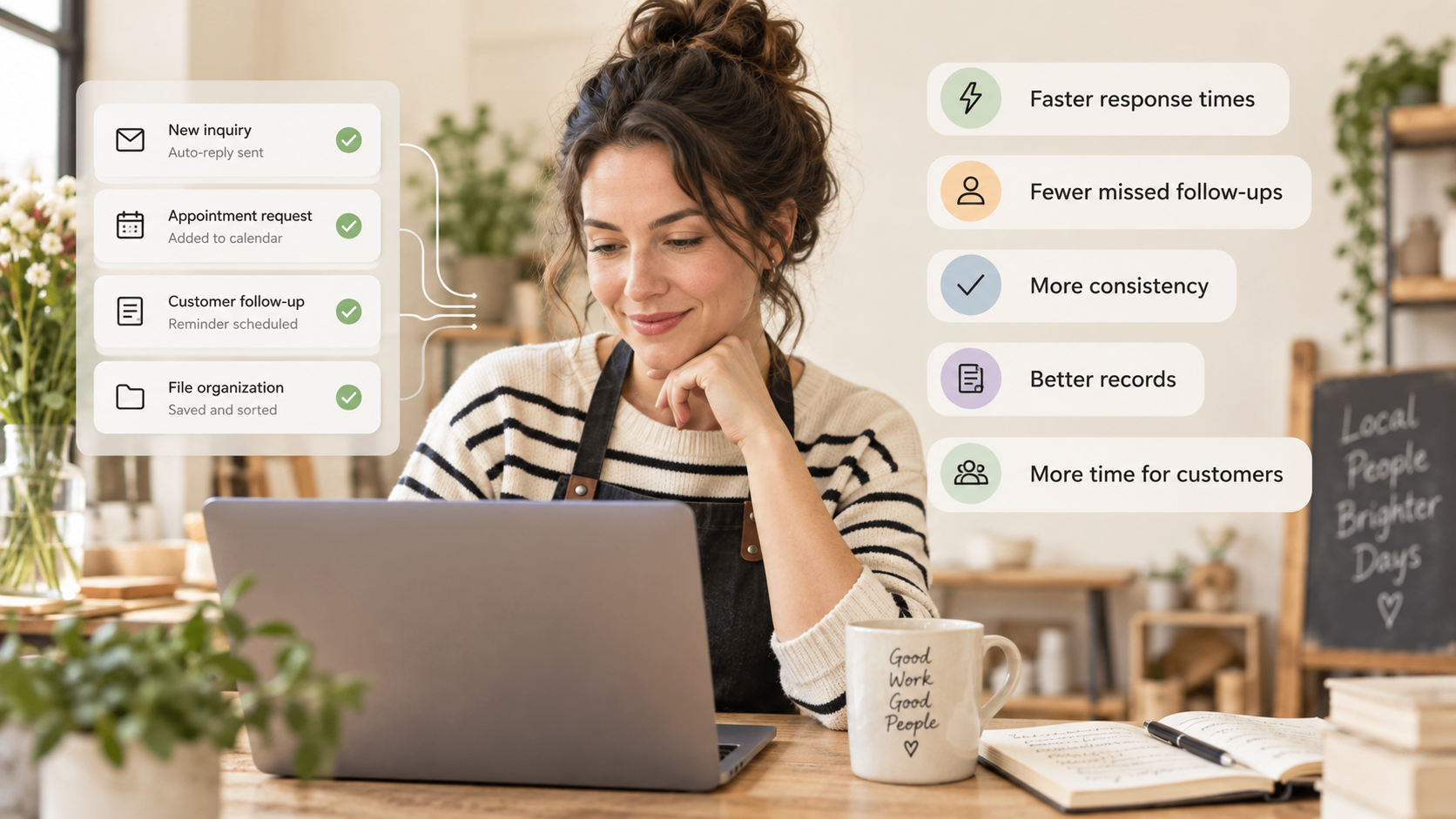 Small business owner using automated inquiry replies, appointment scheduling, follow ups, and file organization