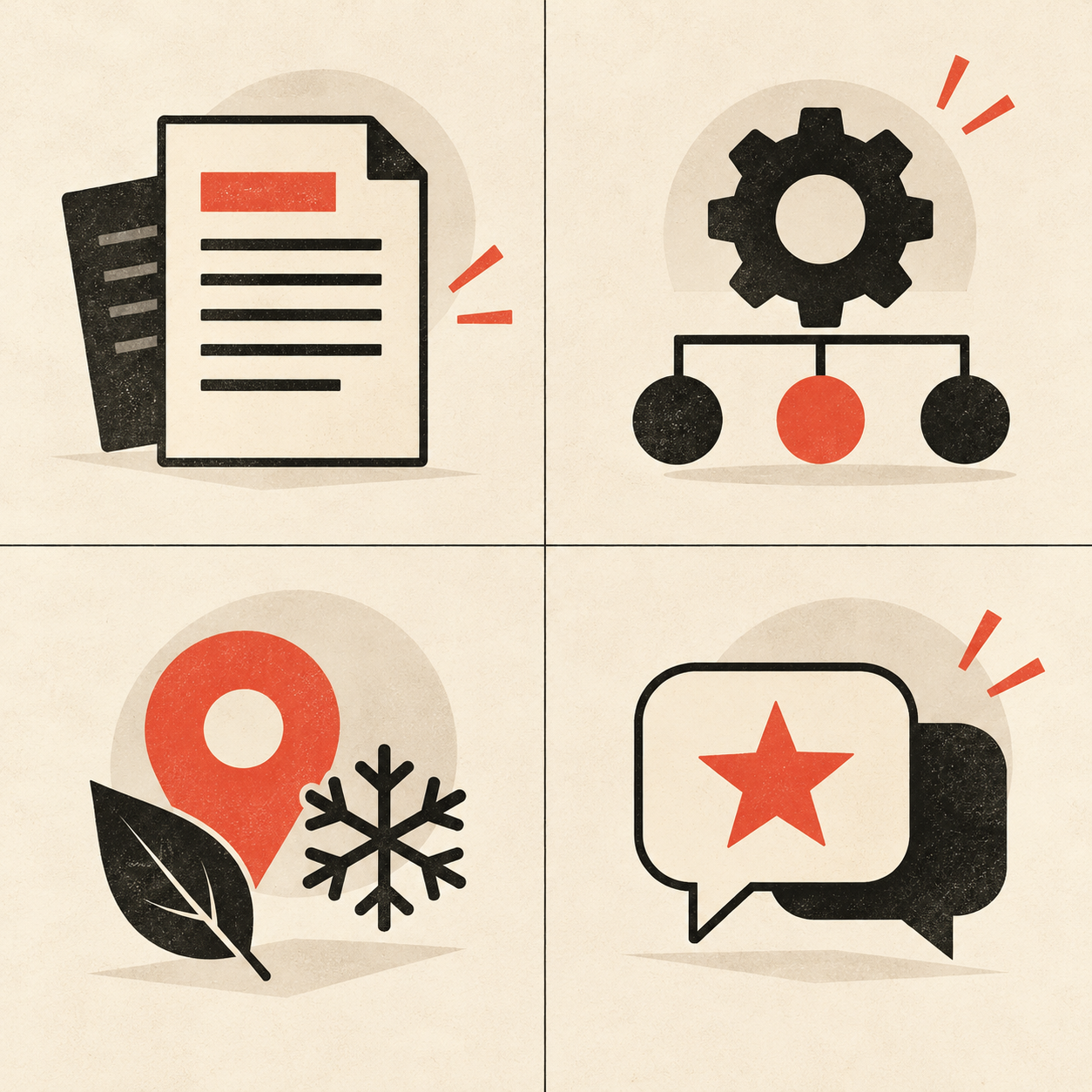 Four content types represented by a document, system, local map pin, and customer review.