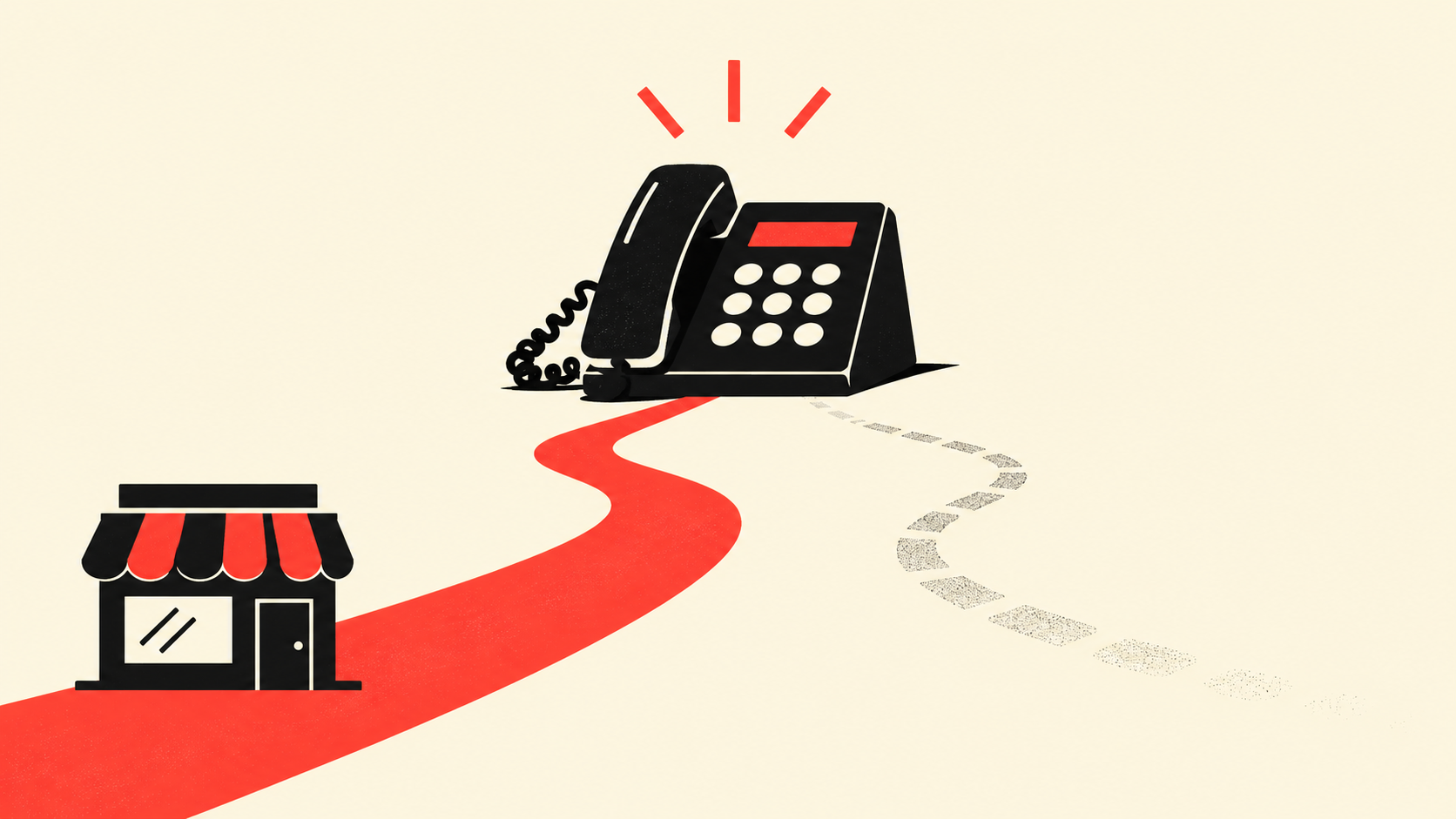 Phone ringing on a desk with two paths diverging, representing a customer choosing between businesses