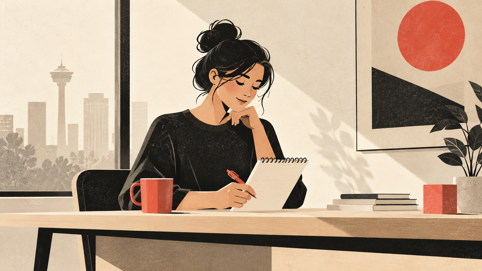 Warm brutalist style illustration of a calm small business owner planning a simple content calendar at a desk, cream background with ink black and coral red accents.