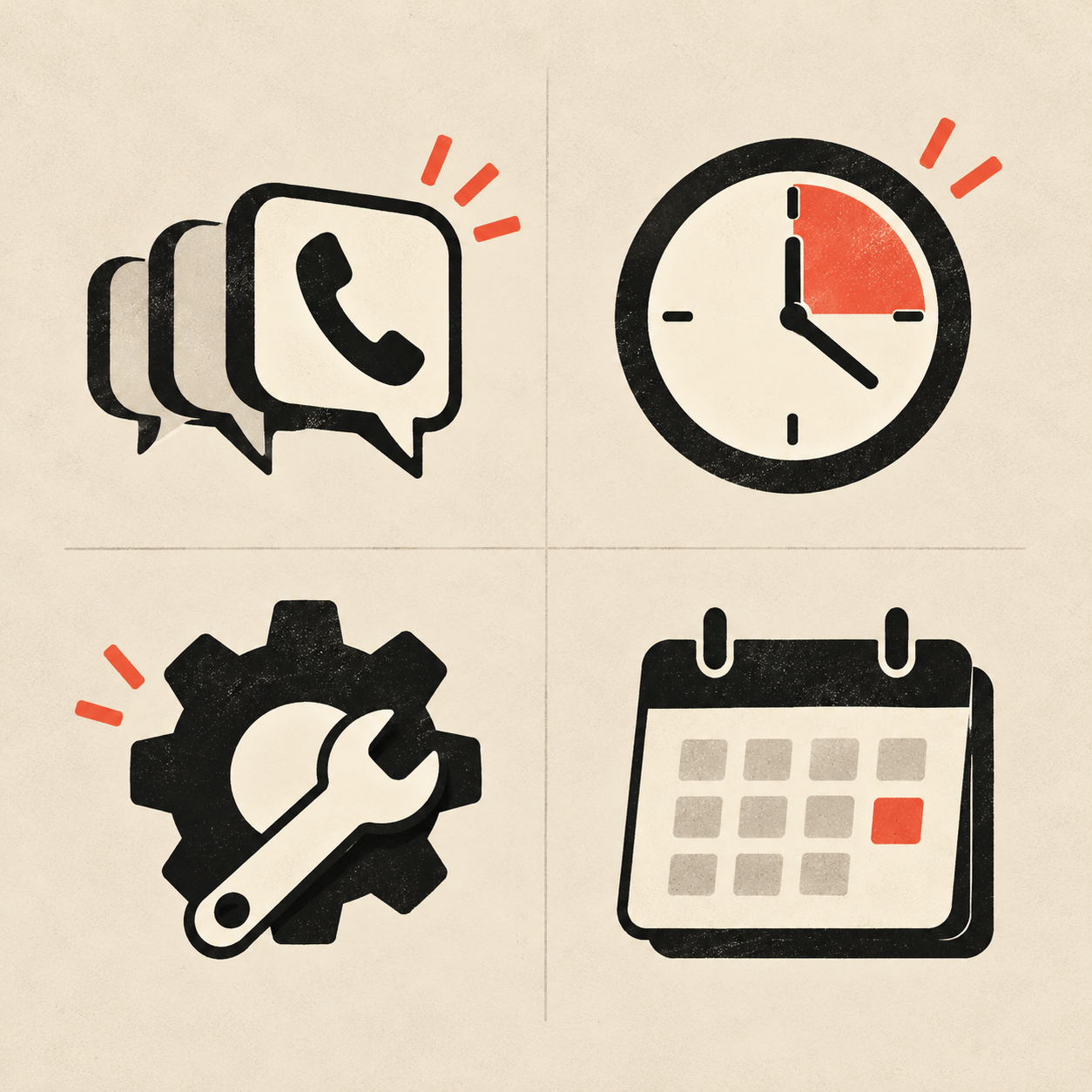 Icons representing the call volume, coverage hours, setup, and scheduling factors that affect answering service cost.