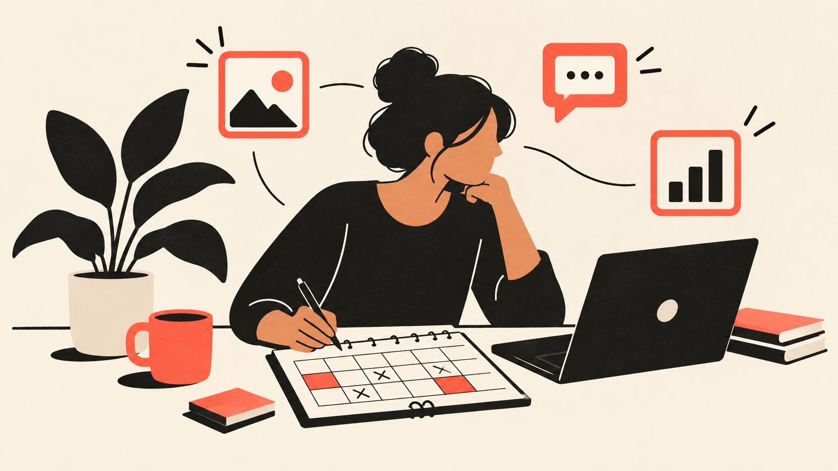 Small business owner planning a social media content calendar at a desk, illustrated in Warm Brutalist Minimalism style